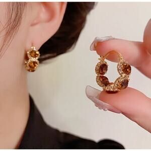 French Style Coffee Topaz Style Crystal Hoop Earrings, Elegant Luxurious Gift